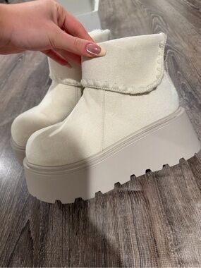 Cream Platform Ankle Boots with Fold-Over Cuff